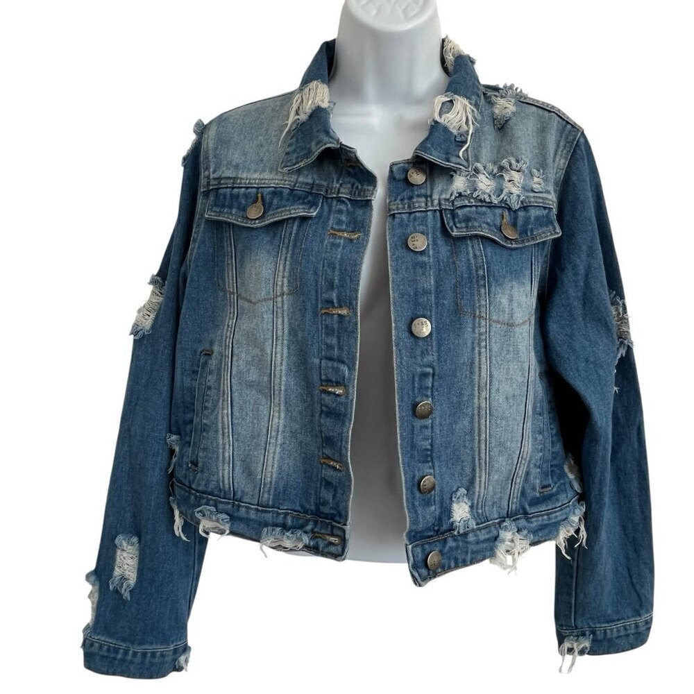 Womens Thrashed Denim Trucker Jacket Chain Open Back Detail Grunge Punk Large - Picture 2 of 14